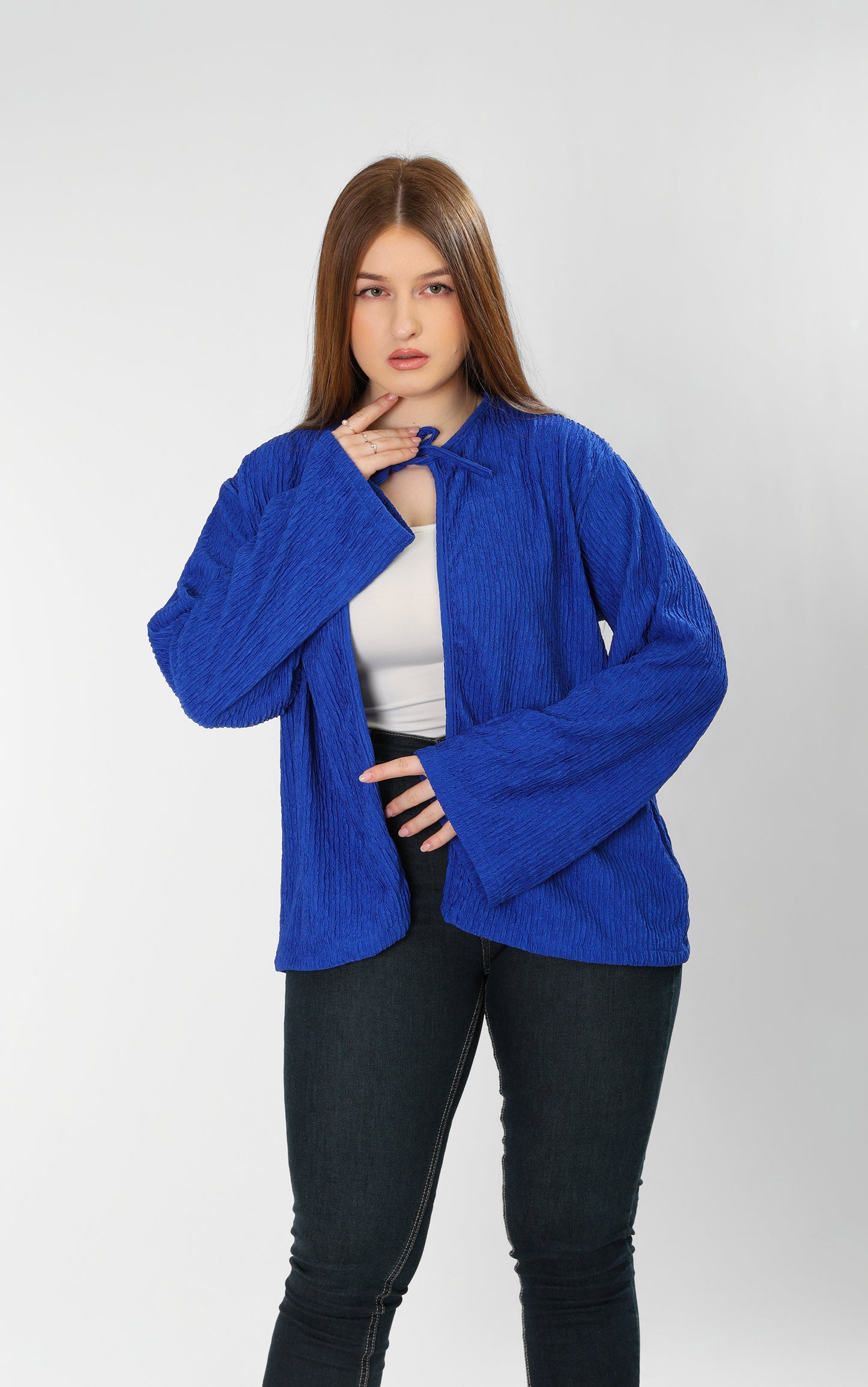 The Soft Bloom Top – Dusty Blue Long Sleeve Tie-Front Blouse