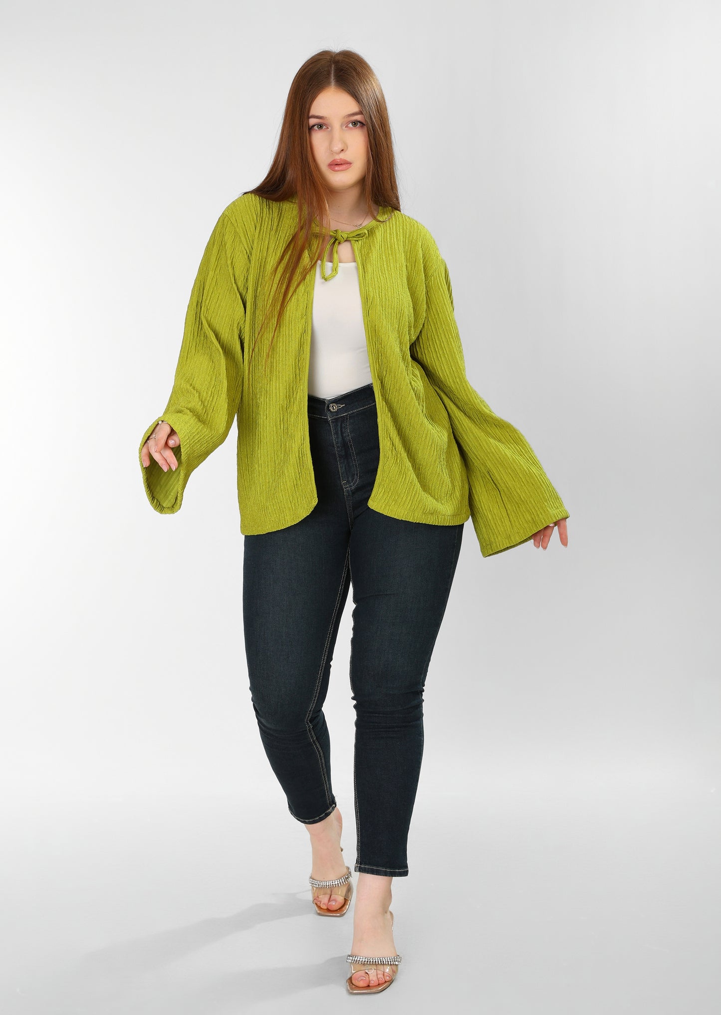 The Soft Bloom Top – Kiwi Green Long Sleeve Tie-Front Blouse