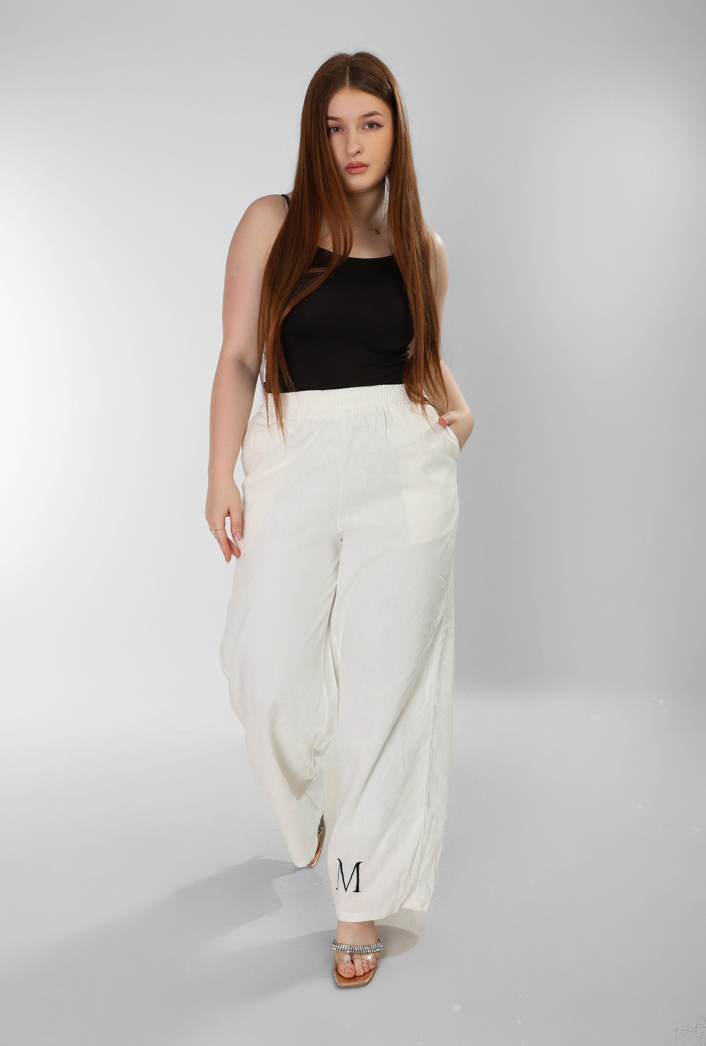 Pure Linen White Pants with Signature ‘M’ Embroidery