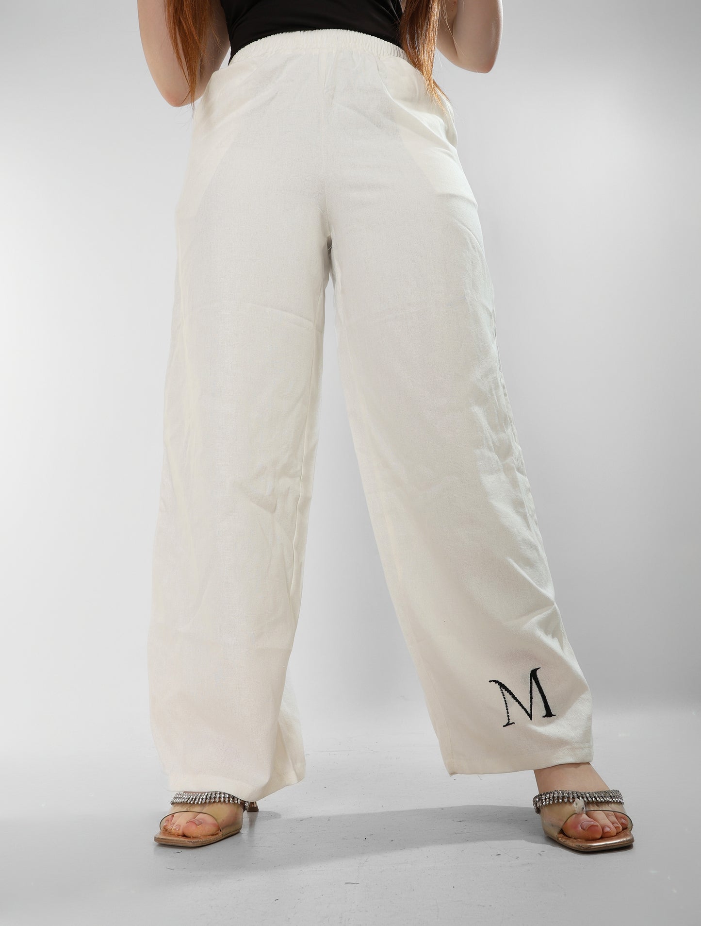 Pure Linen White Pants with Signature ‘M’ Embroidery