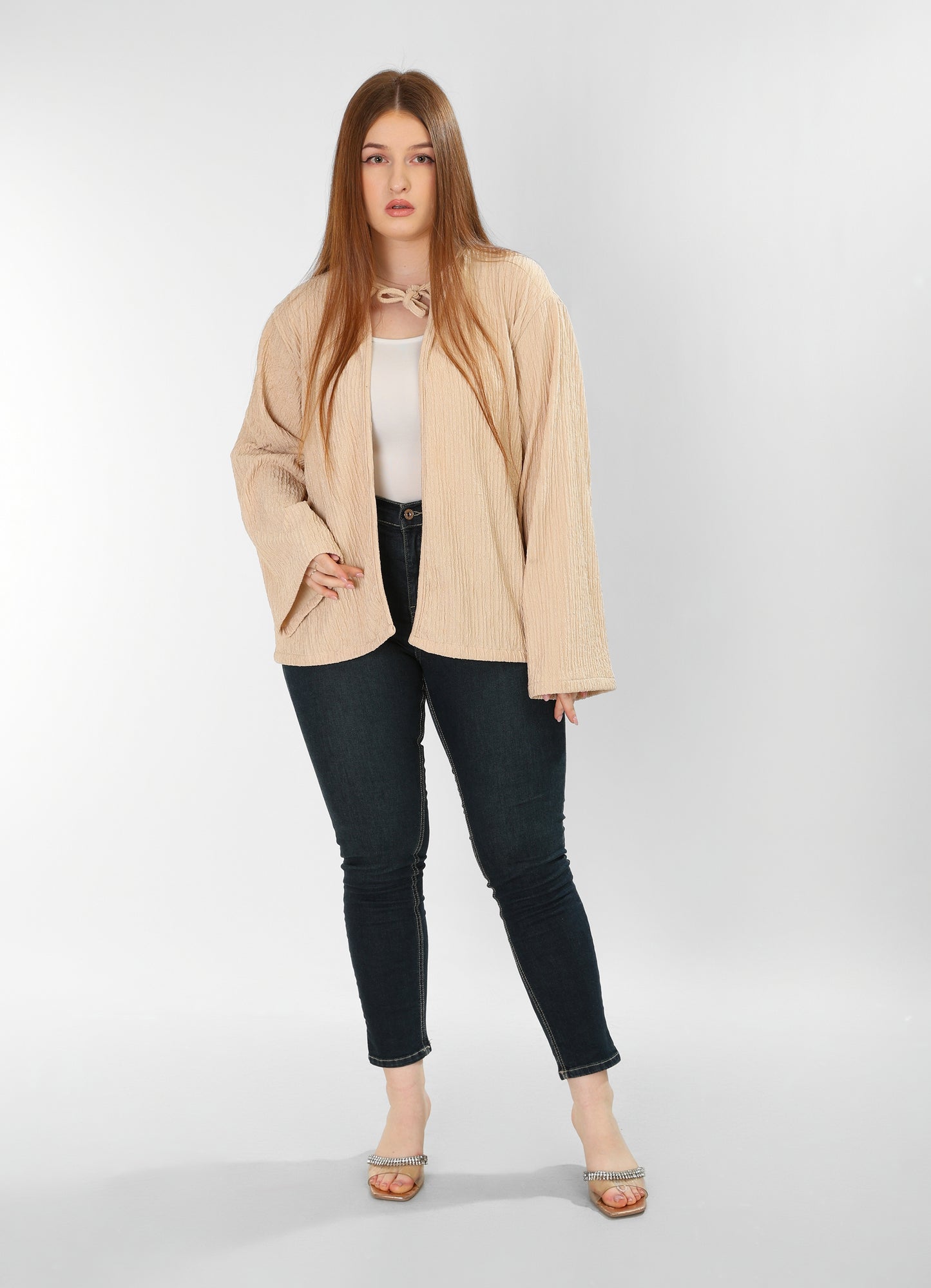 The Soft Bloom Top – Beige Long Sleeve Tie-Front Blouse