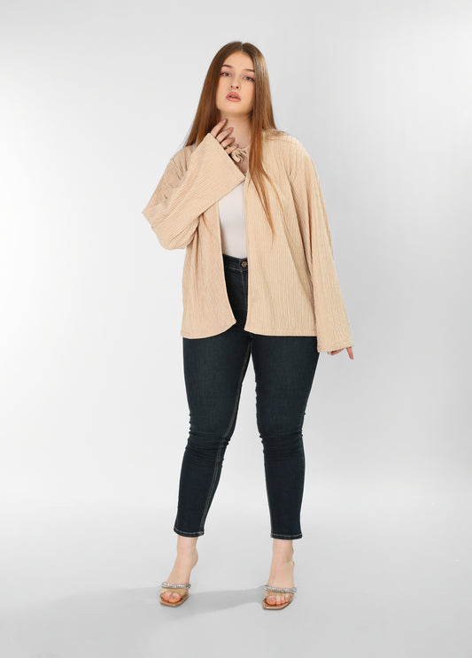 The Soft Bloom Top – Beige Long Sleeve Tie-Front Blouse