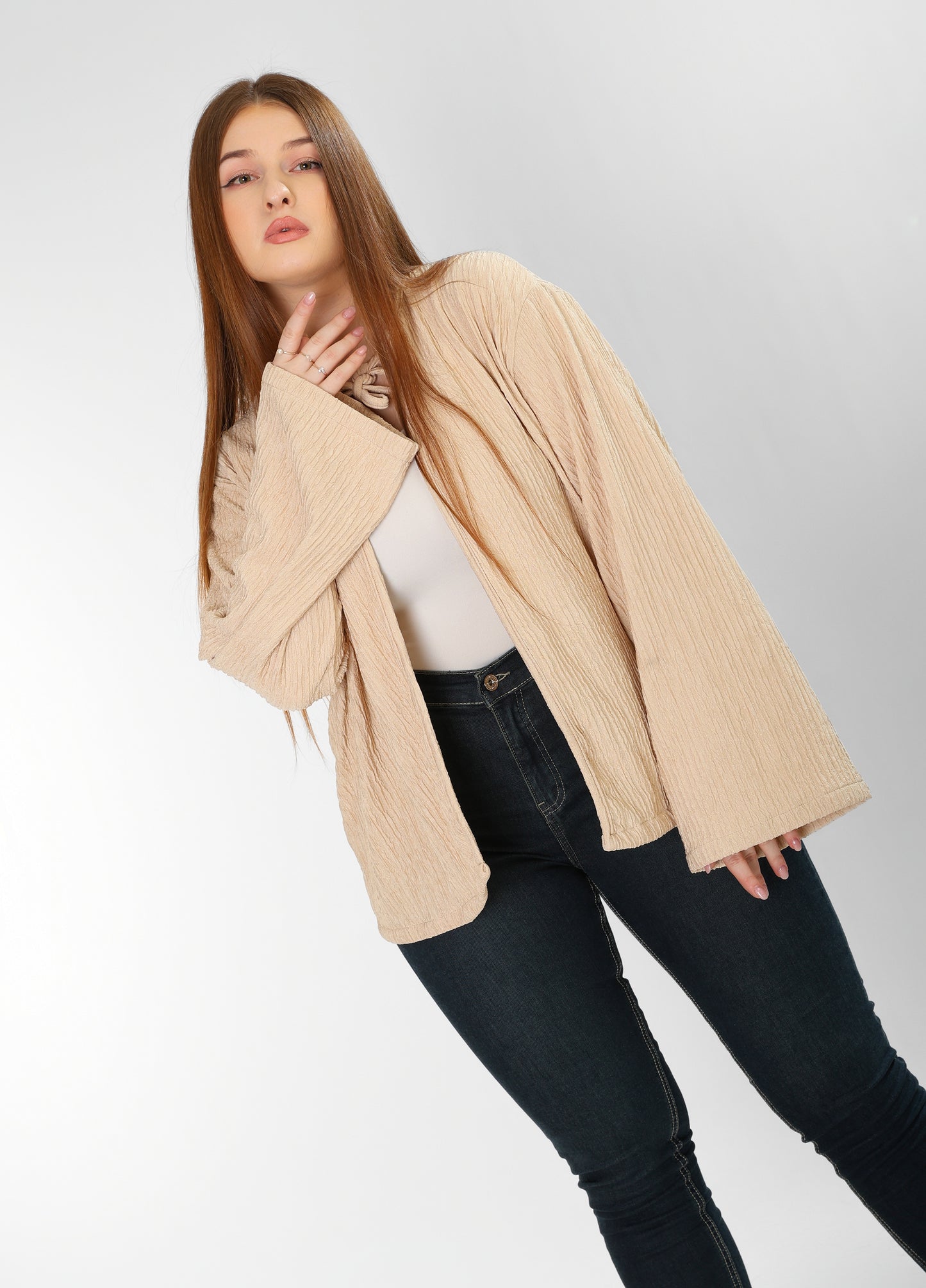 The Soft Bloom Top – Beige Long Sleeve Tie-Front Blouse