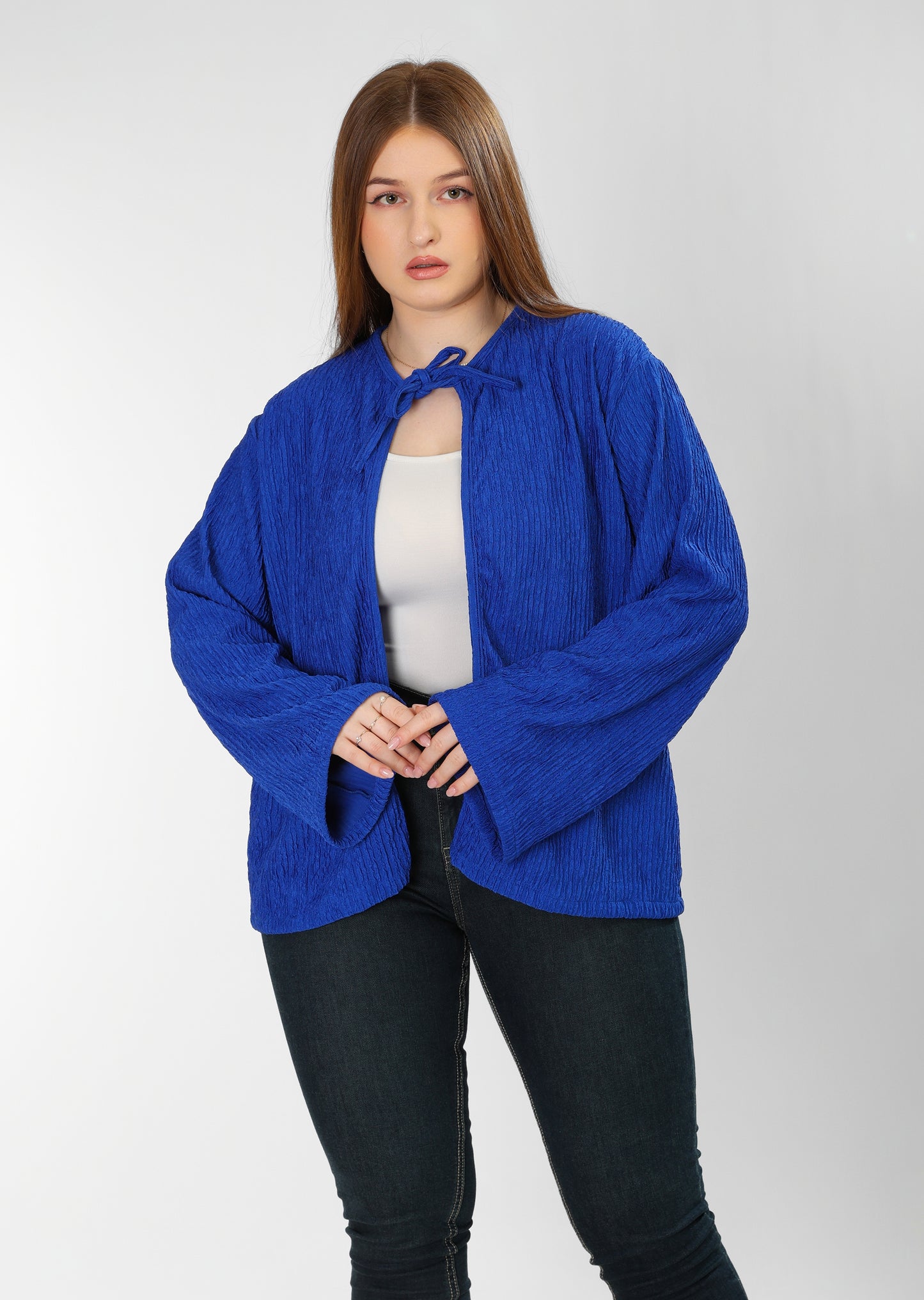 The Soft Bloom Top – Dusty Blue Long Sleeve Tie-Front Blouse