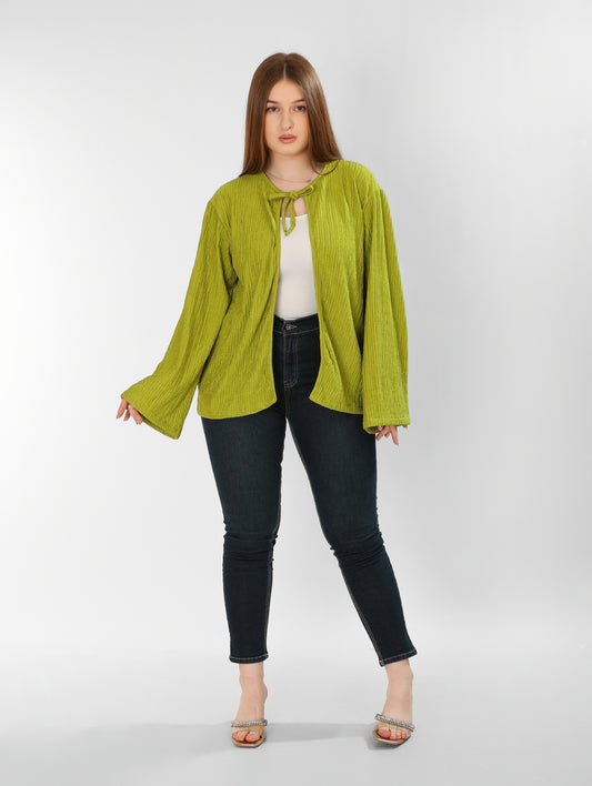 The Soft Bloom Top – Kiwi Green Long Sleeve Tie-Front Blouse