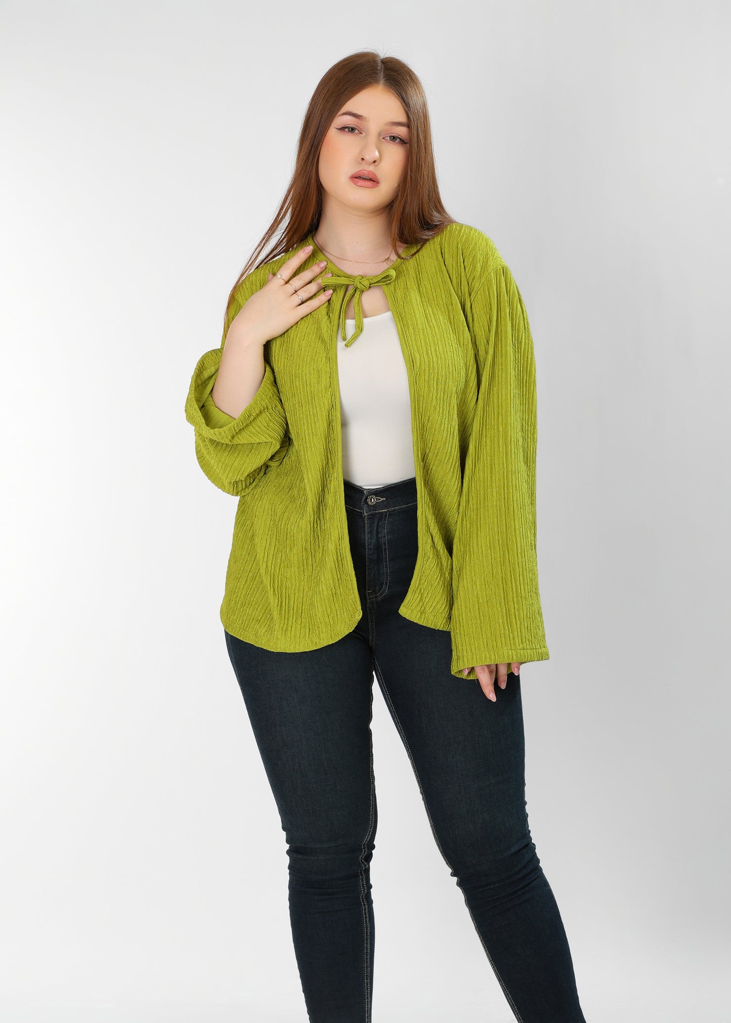 The Soft Bloom Top – Kiwi Green Long Sleeve Tie-Front Blouse