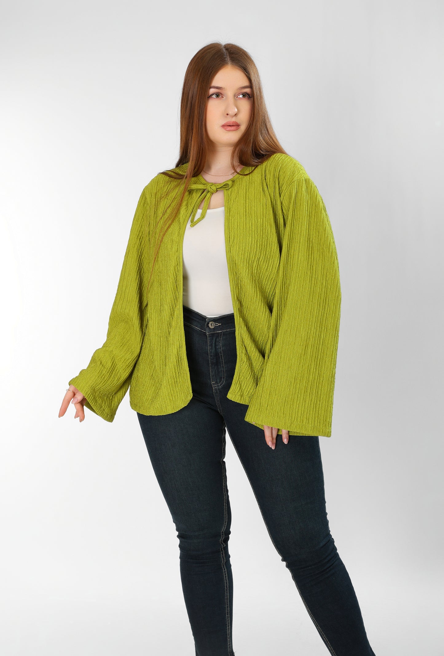 The Soft Bloom Top – Kiwi Green Long Sleeve Tie-Front Blouse