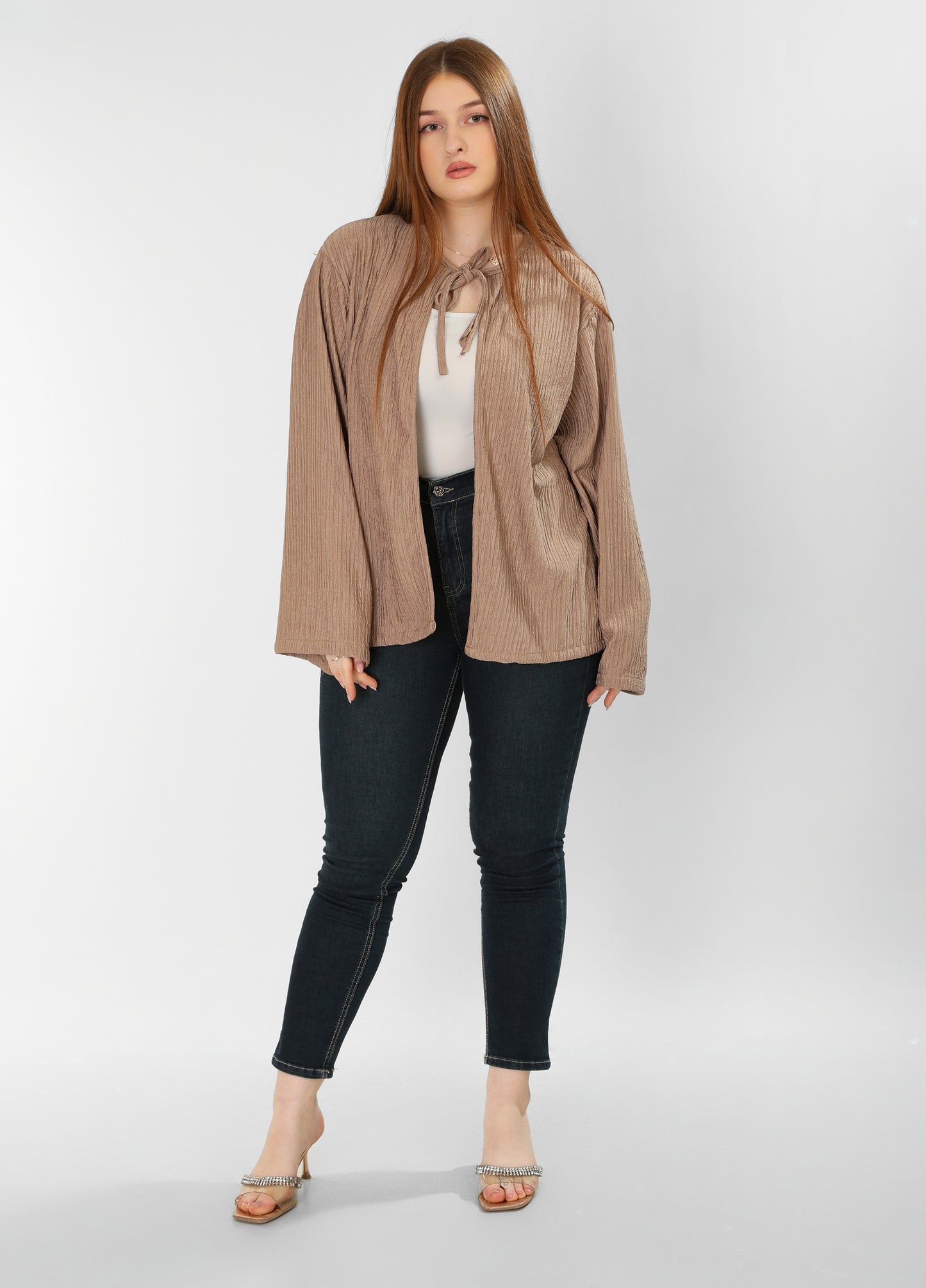 The Soft Bloom Top – Coffee Brown Long Sleeve Tie-Front Blouse