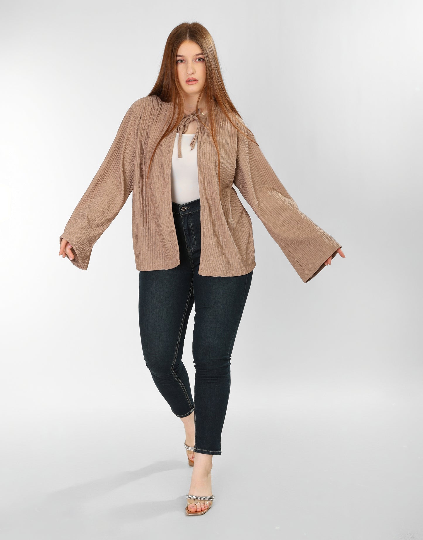 The Soft Bloom Top – Coffee Brown Long Sleeve Tie-Front Blouse