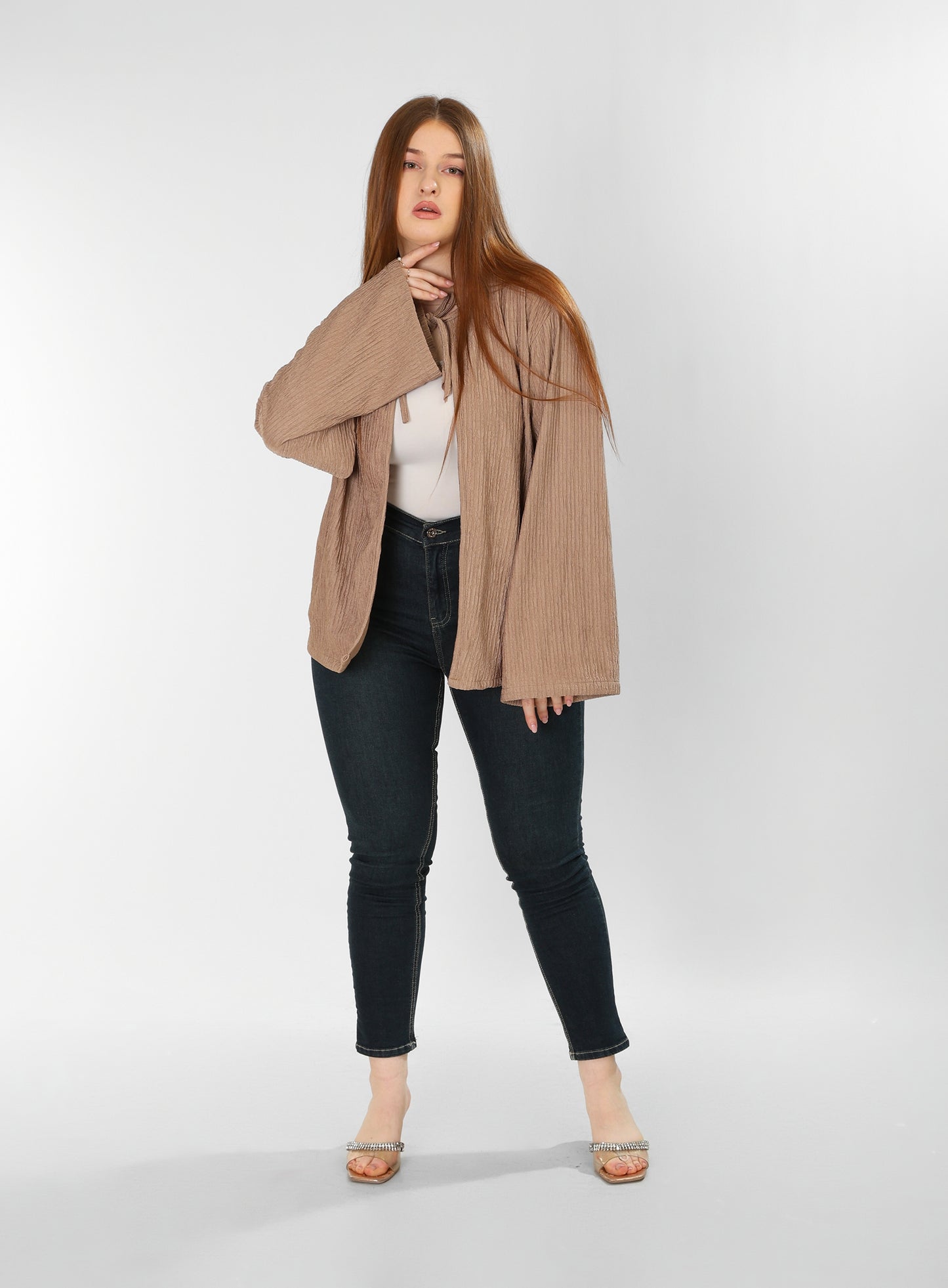 The Soft Bloom Top – Coffee Brown Long Sleeve Tie-Front Blouse