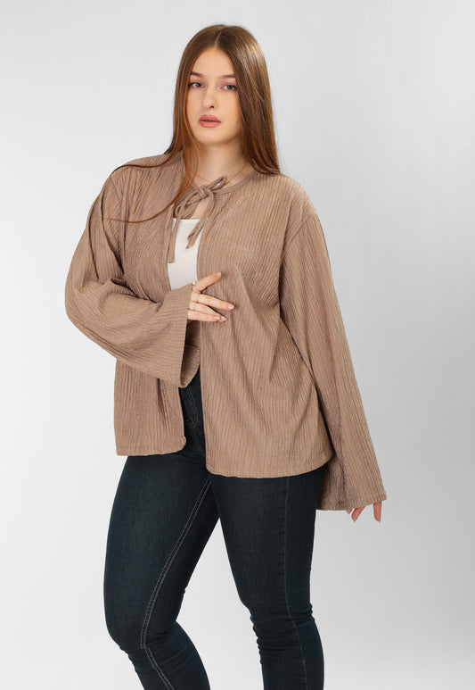 The Soft Bloom Top – Coffee Brown Long Sleeve Tie-Front Blouse