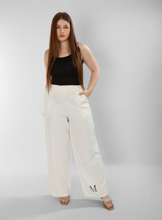 Pure Linen White Pants with Signature ‘M’ Embroidery