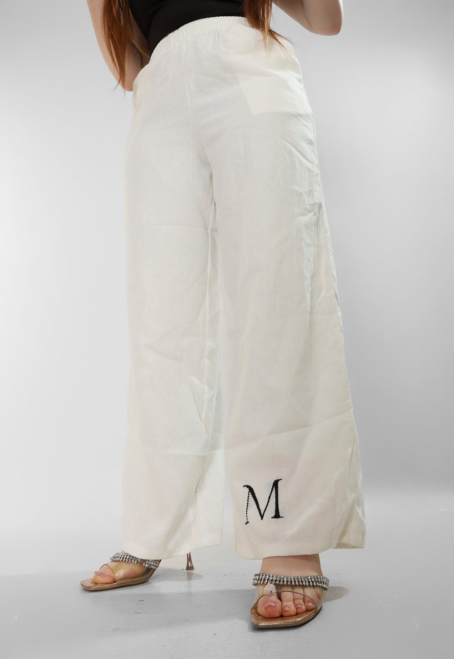 Pure Linen White Pants with Signature ‘M’ Embroidery