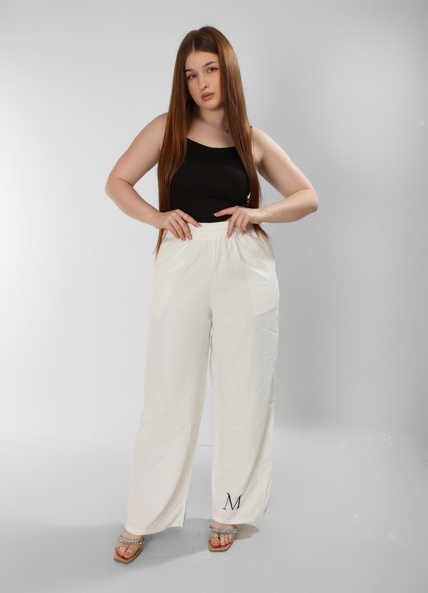 Pure Linen White Pants with Signature ‘M’ Embroidery