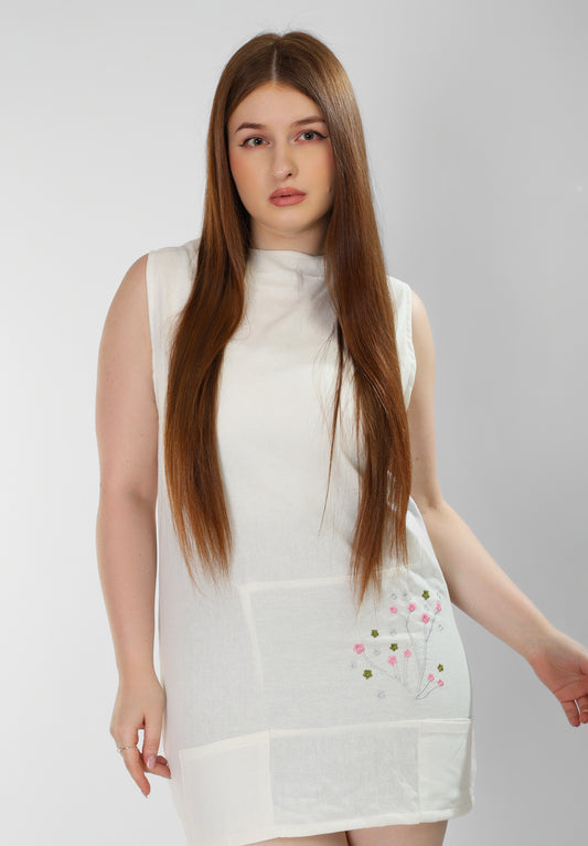 White Short Linen Dress with Pink Floral Embroidery