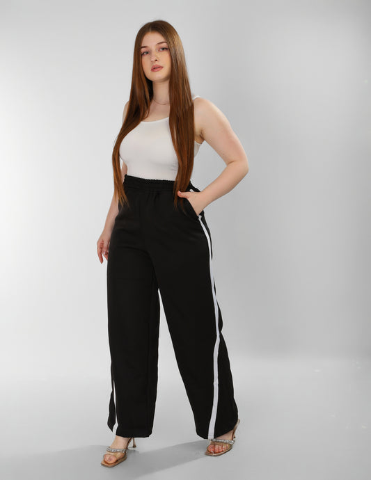 Black Soft-Touch Pants with White Side Stripes – Effortless Street Sophistication