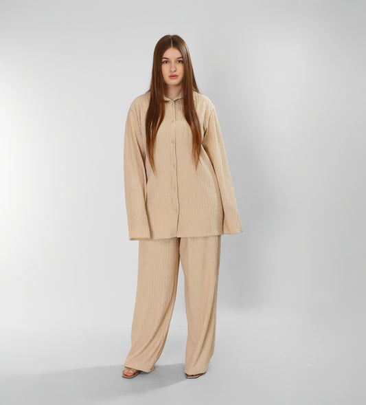 Regal Beige Cotton Set Shirt & Pants Ensemble