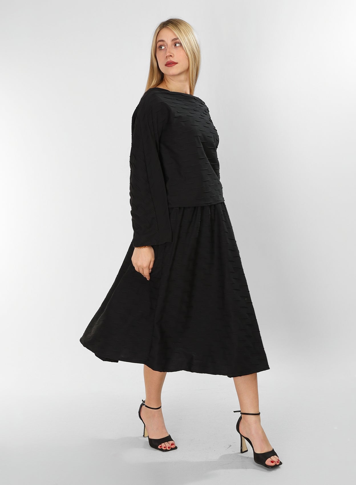Black Jakar Cotton Set – Blouse & Skirt with Unique Textured Detail