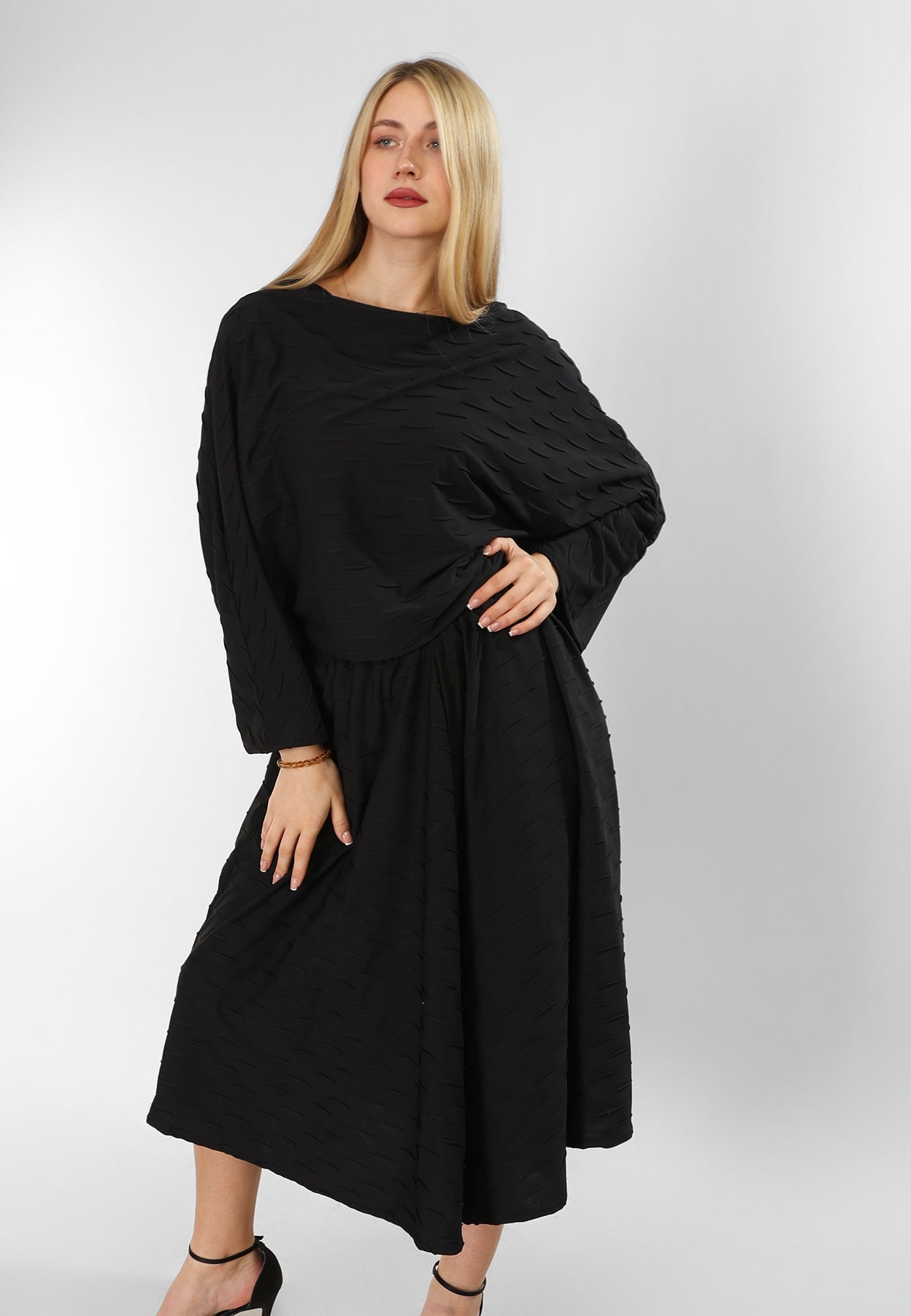 Black Jakar Cotton Set – Blouse & Skirt with Unique Textured Detail