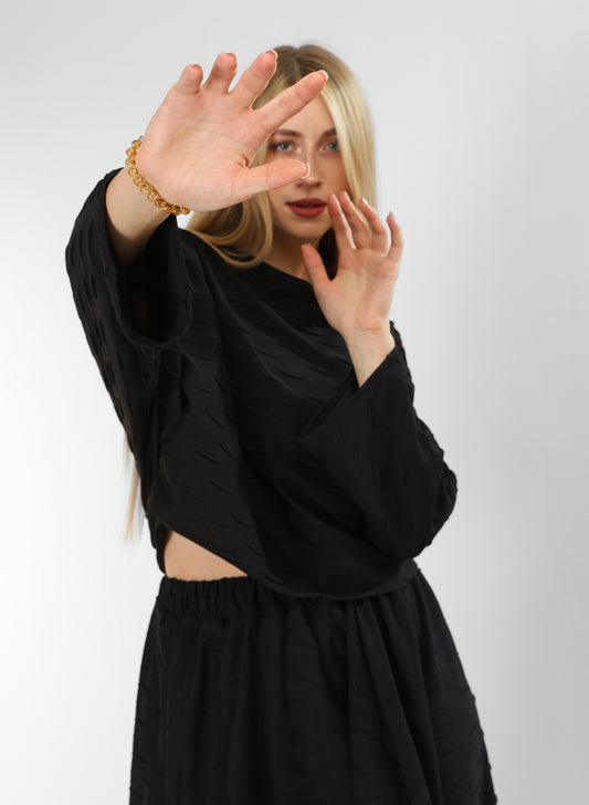 Black Jakar Cotton Set – Blouse & Skirt with Unique Textured Detail