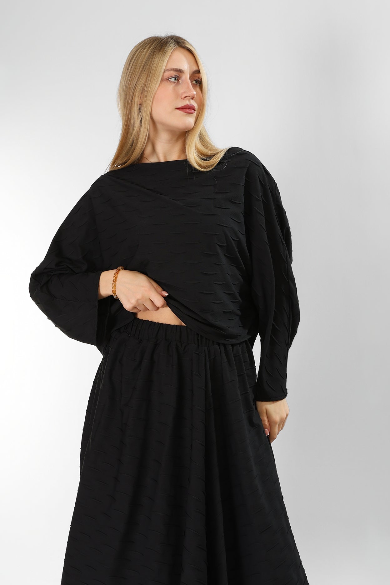 Black Jakar Cotton Set – Blouse & Skirt with Unique Textured Detail