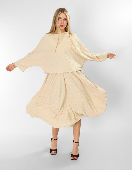 Beige Cotton Set – Blouse & Skirt with Unique Textured Detail