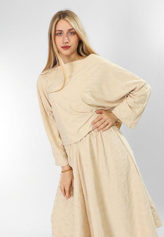 Beige Cotton Set – Blouse & Skirt with Unique Textured Detail