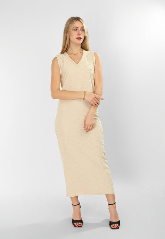 Cotton Elegance – Beige Long Dress with Textured Detail