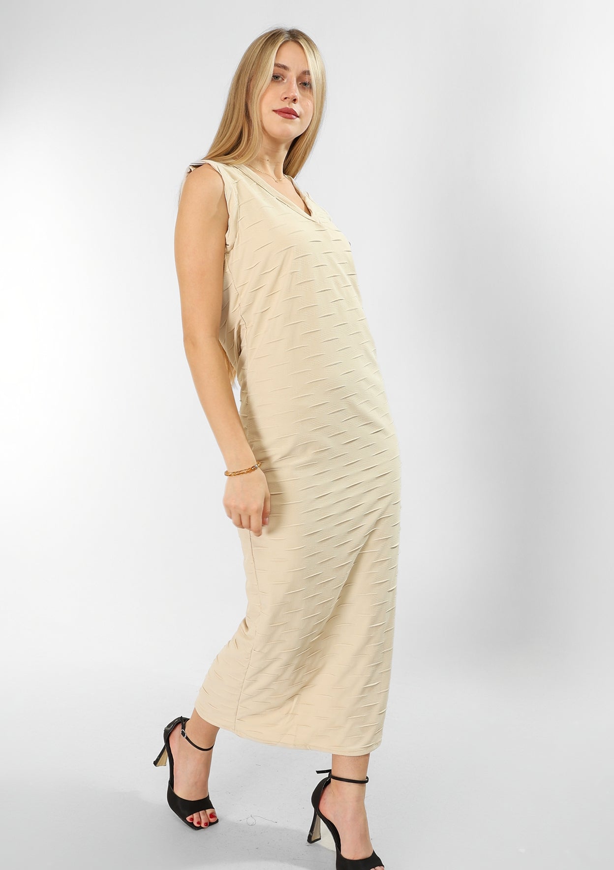 Cotton Elegance – Beige Long Dress with Textured Detail