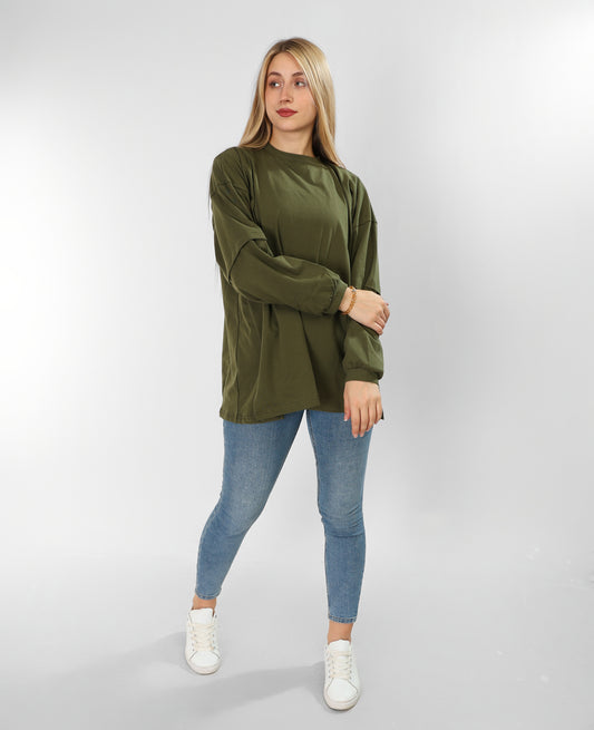 Long Sleeve Pure Cotton Olive Green Blouse