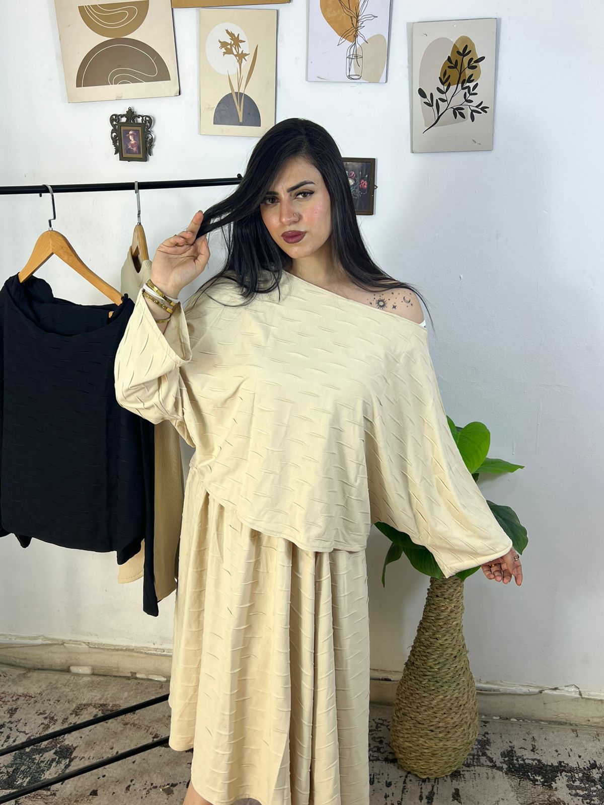 Oversized Off Shoulder Top & Mini Skirt Set – Beige & Black