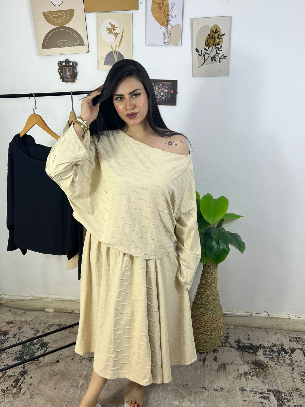 Oversized Off Shoulder Top & Mini Skirt Set – Beige & Black