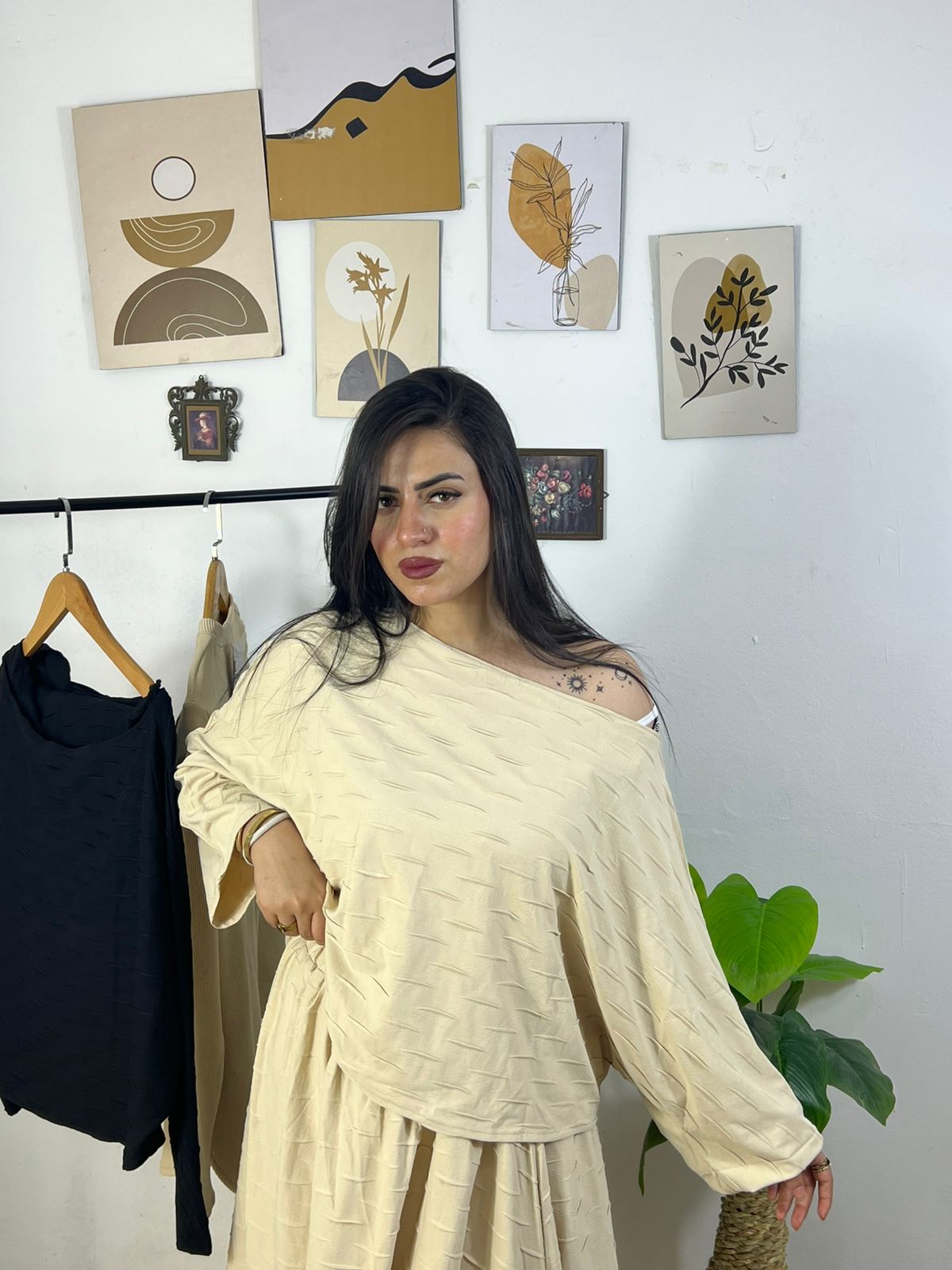 Oversized Off Shoulder Top & Mini Skirt Set – Beige & Black